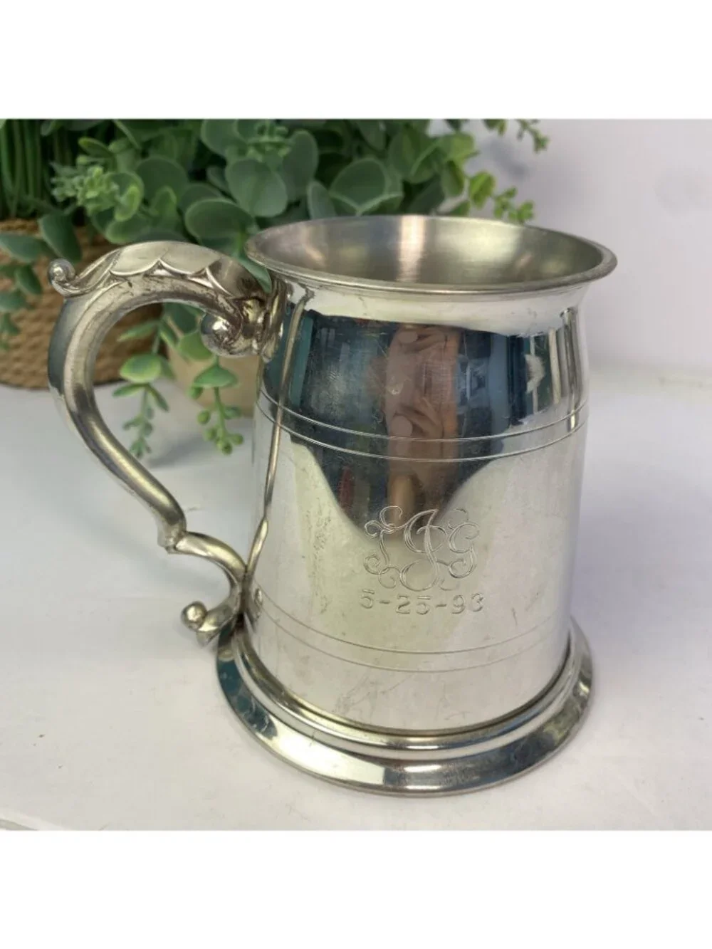 Set Of 5 Vintage Sheffield English Pewter Glass Bottom Tankard Mugs Monogrammed